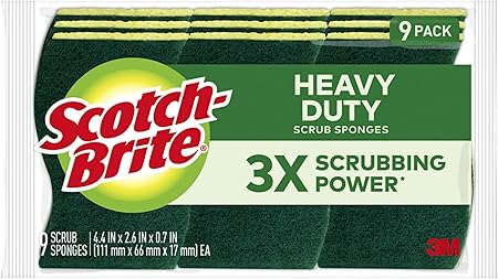 Scotch-Brite Heavy Duty Scrub Sponge, 9 Kitchen Sponges, Designed for Tough Messes in the Kitchen, Lasts 3X Longer, Best for Cast Iron Skillets, Outdoor Grills, Flexible, Durable  Strong