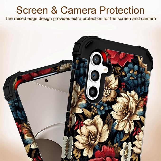 SleekCover 3 in 1 Floral Case for Galaxy A15 Case,6.5" Black Flower | 3 in 1 Floral Pattern Soft Silicone Rubber Bumper+Hard Plastic Protective Samsung Galaxy A15 Case