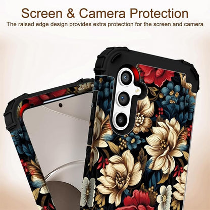 SleekCover 3 in 1 Floral Case for Galaxy A15 Case,6.5" Black Flower | 3 in 1 Floral Pattern Soft Silicone Rubber Bumper+Hard Plastic Protective Samsung Galaxy A15 Case