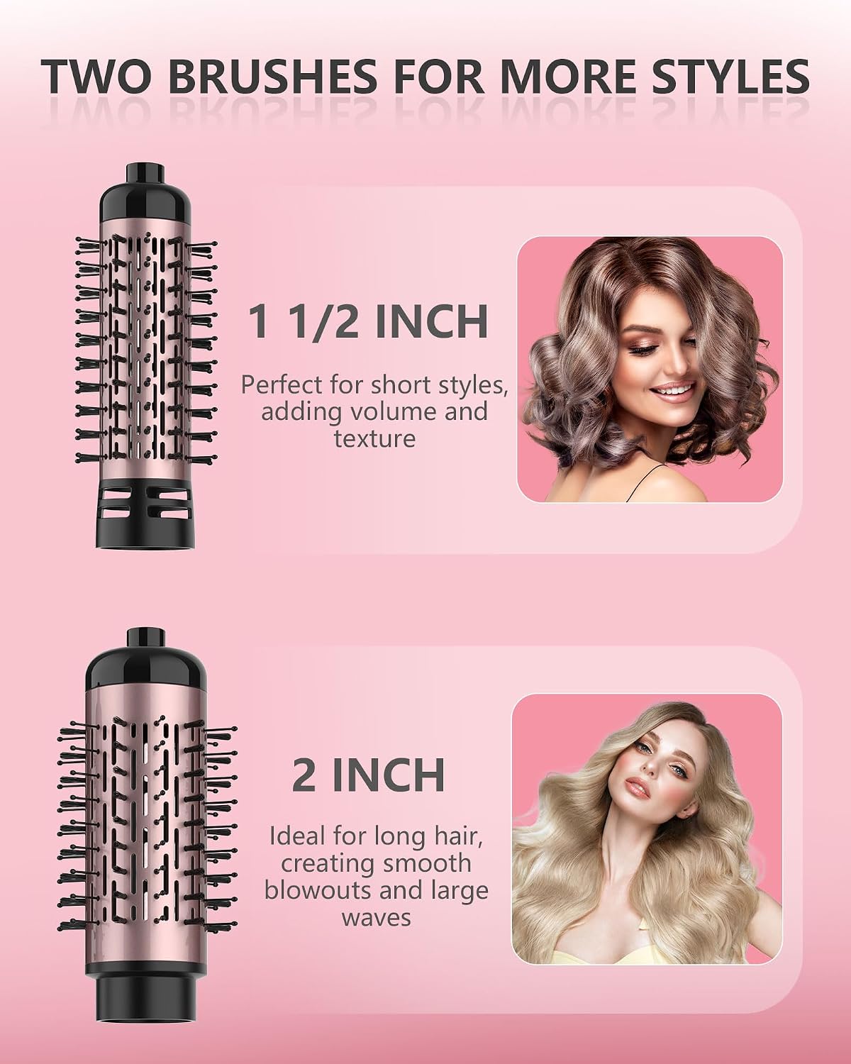 Rotating Hair Dryer Brush, 3-in-1 Hot Air Styler and Rotating Brush, Rotating Blow Dryer Brush with 2 Detachable Brushes(1.5"& 2"), Black