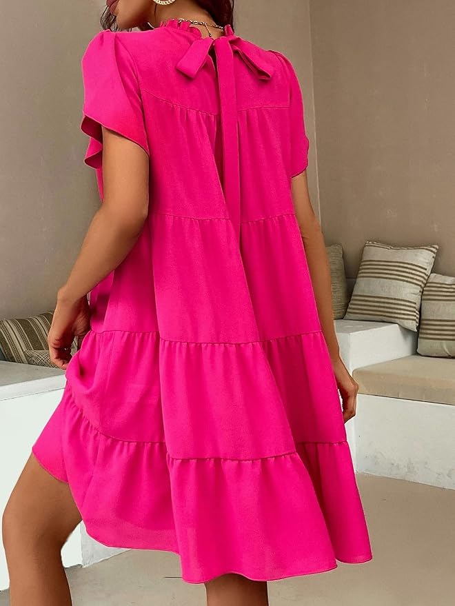 METOES Women's Summer Short Sleeve Short Dress Ruffle Hem Dress