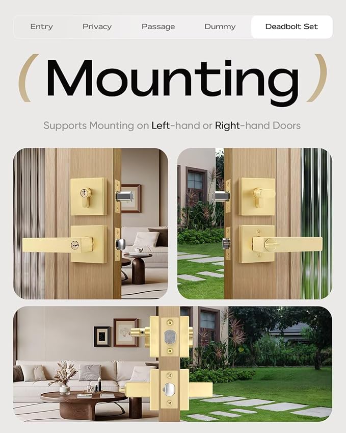 Leydebong 1 Pack Gold Entry Door Locksets with Single Cylinder Deadbolt, Front Door Lock Set, Heavy Duty Entrance Lever Door Handle Single Keyed Square Deadbolt Lock