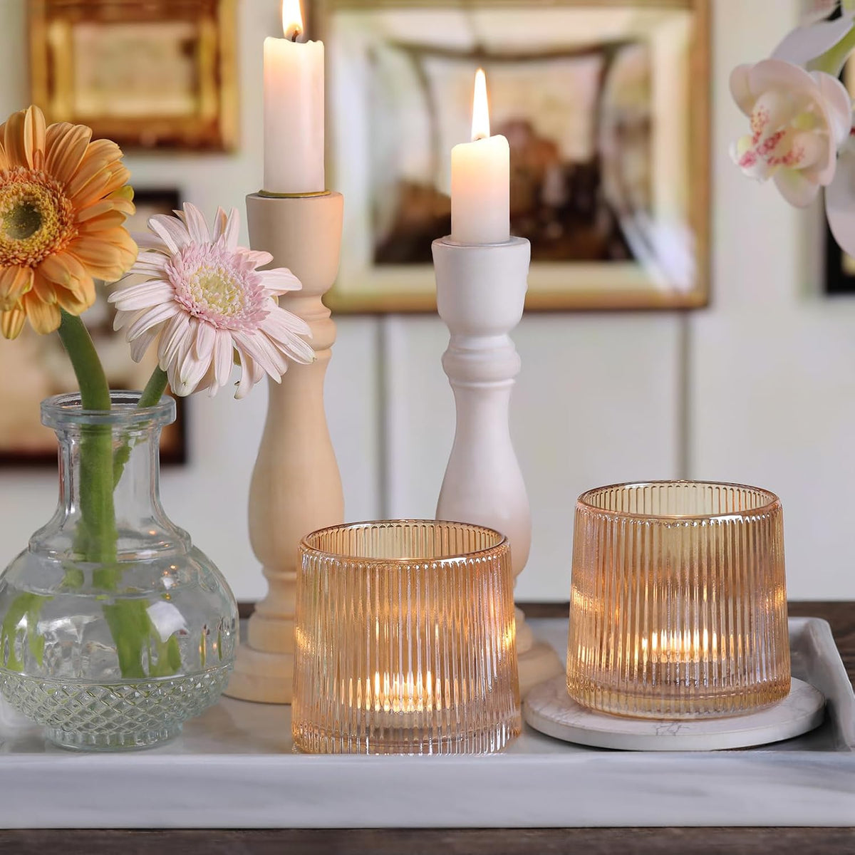 DARJEN Gold Ribbed tank Tealight Votive Candle Holders- 1Pack Glass Candle Holders for Table Centerpiece, Home Decor, Wedding Decor, Party Dinner