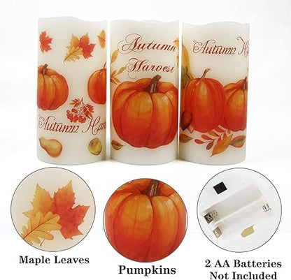 Lordearon Fall Pumpkin Flameless Candles Real Wax LED Battery Operated Pillar Candles with Timer, Thanksgiving Decor Set of 3,Warm Light