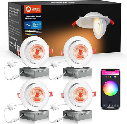 Lumary Smart 4 Inch LED Recessed Lights, 360 90 Adjustable Gimbal Downlight, 7W 550Lm Eyeball Soffit Lights Outdoor LED Exterior, Canless with Junction Box-ETL, Work with Alexa Google Siri, 4 Pack