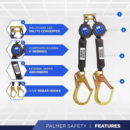 Palmer Safety Fall Protection SRL121122T Twin SRL 6' Leading Edge Lightweight Web with Rebar Hooks