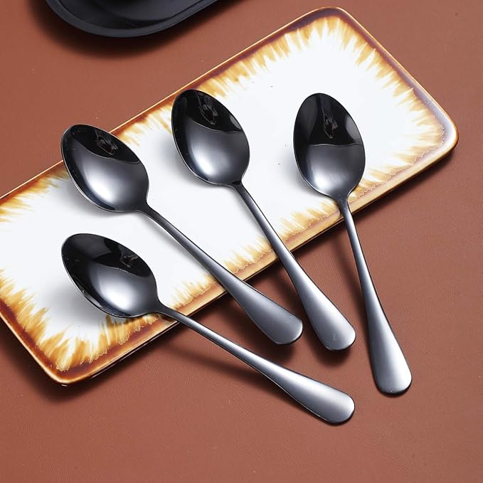 Black Teaspoons 6.5" Set of 4, Berglander Stainless Steel Titanium Plating Shiny Black Tea Spoons Silverware, Tea Spoon Small Dessert Spoon Teaspoon Sturdy And Easy To Clean Dishwasher Safe