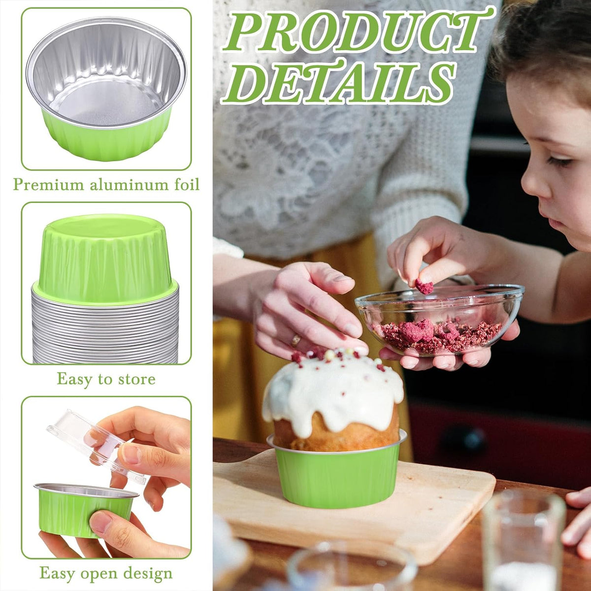 100 Pack Aluminum Foil Cupcake Liners Only, 5 oz Round Baking Cup,Disposable Tart Pie Ramekin Container for Ramadan, Easter, Wedding Party(Green,Plain) (No Lids included)