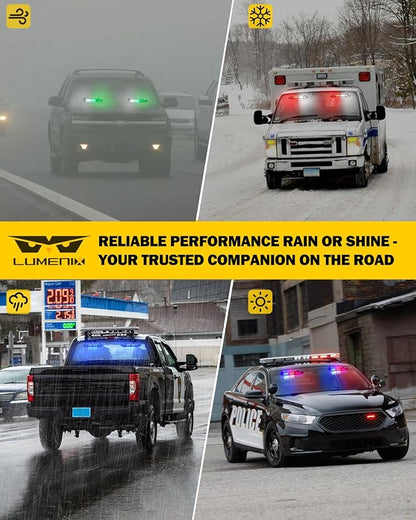 LUMENIX Aluminum emergency LED strobe lights, front visor for front windshield, traffic warning, split flashing light for police, patrol, vehicles, trucks,