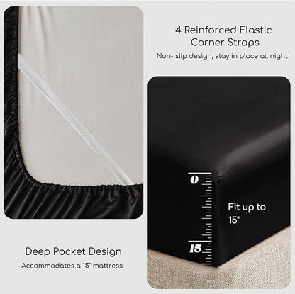 MRHM Satin Bed Sheets, Queen Size Sheets Set, 4 Pcs Silky Bedding Set with 15 Inches Deep Pocket for Mattress (Queen, Black)