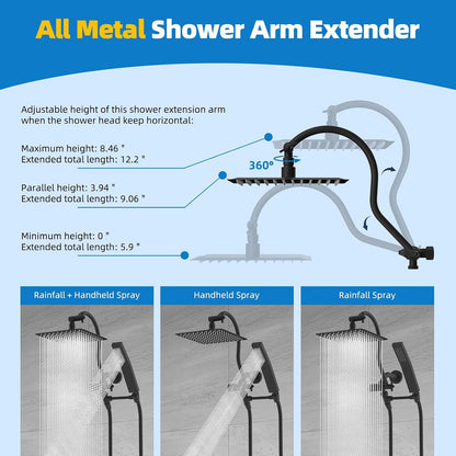 Hibbent All Metal 12 Inch Brass Adjustable Shower Head Extension Arm with Shower Arm Diverter Valve, G 1/2 3-Way Bathroom Universal Shower System Replacement Part, Shower Arm Extender, Matte Black