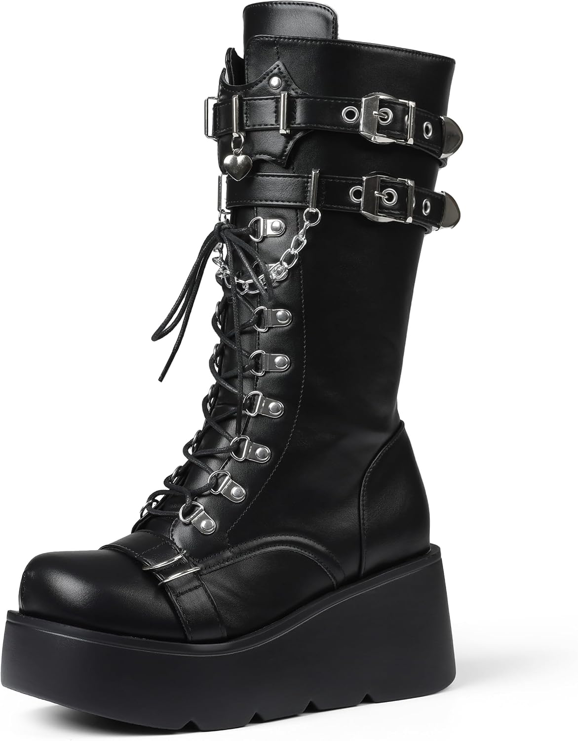 Women's Black Platform Boots Wedge Combat Gothic Chunky Heel Lace Up Mid Calf Punk Motorcycle Shoes