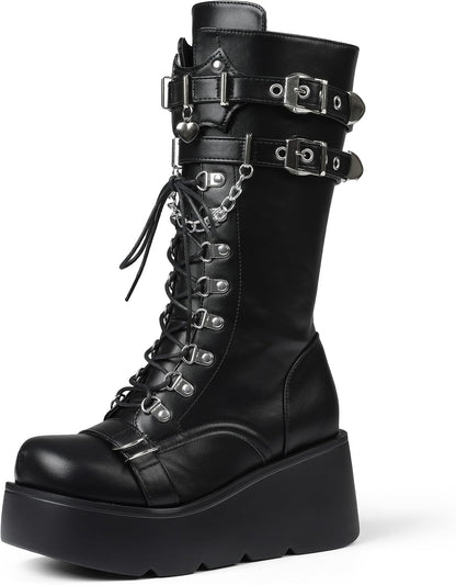 Women's Black Platform Boots Wedge Combat Gothic Chunky Heel Lace Up Mid Calf Punk Motorcycle Shoes