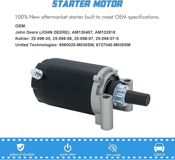 Starter Motor Replacement for John Deere Scotts Kohler 15-23 HP Sabre AM130407, AM132818, 25-098-04, 25-098-05, 25-098-06, 25-098-07, 2509804, 2509805, 2509806, 2509807