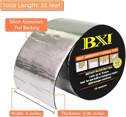 BXI Flashing Roll Tape Membrane, 6 inches X 32 Feet Thick Waterproof Patch Seal Tape, Self-Adhesive SBS Modified Rubberized Asphalt, Deck Seam Joist Leak Sealant for Roof Window Gutter Repair Outdoor