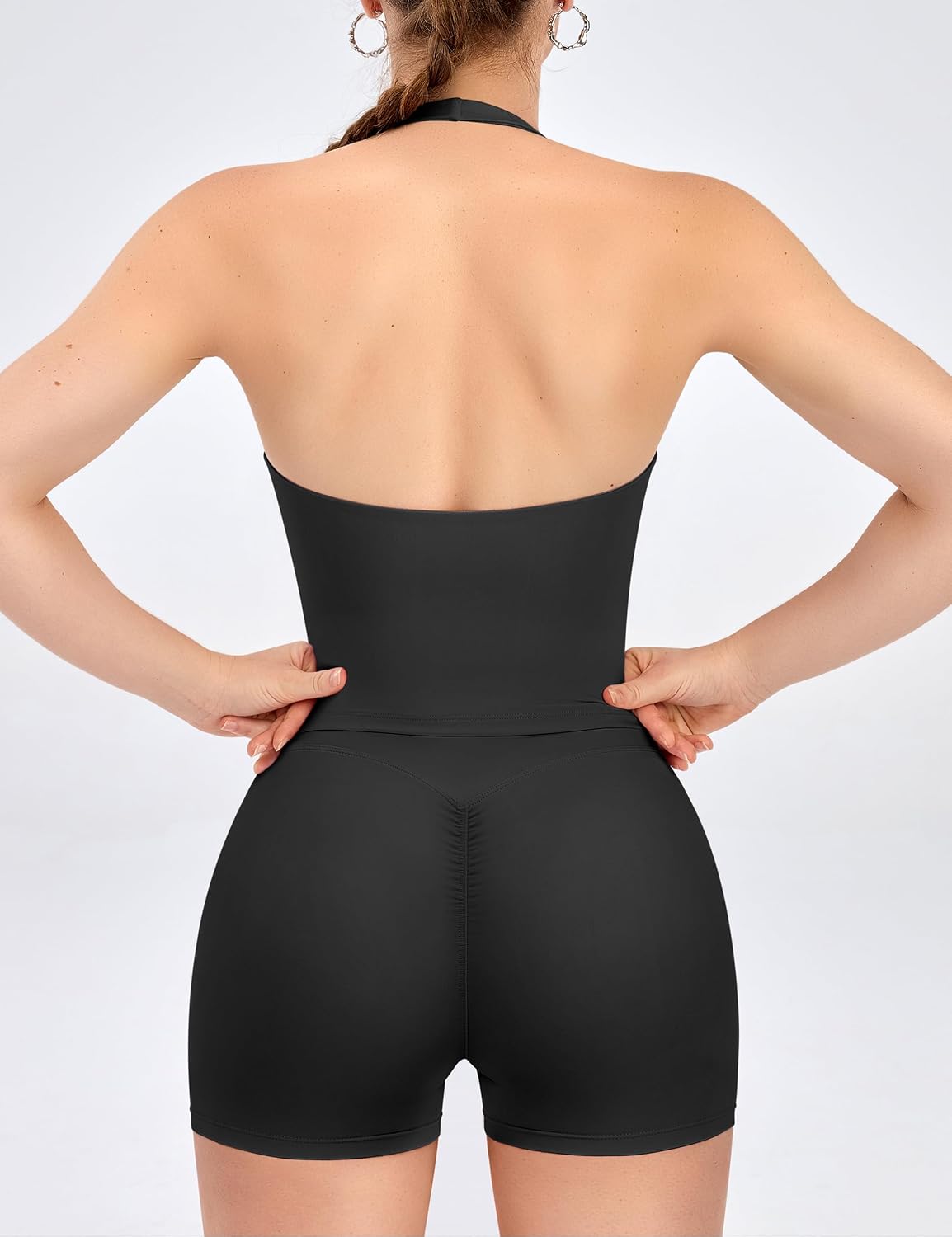 Relety Womens Workout Sets 2 Piece V Neck Halter Crop Top High Waist Scrunch Butt Booty Shorts Backless Gym Yoga Outfits.