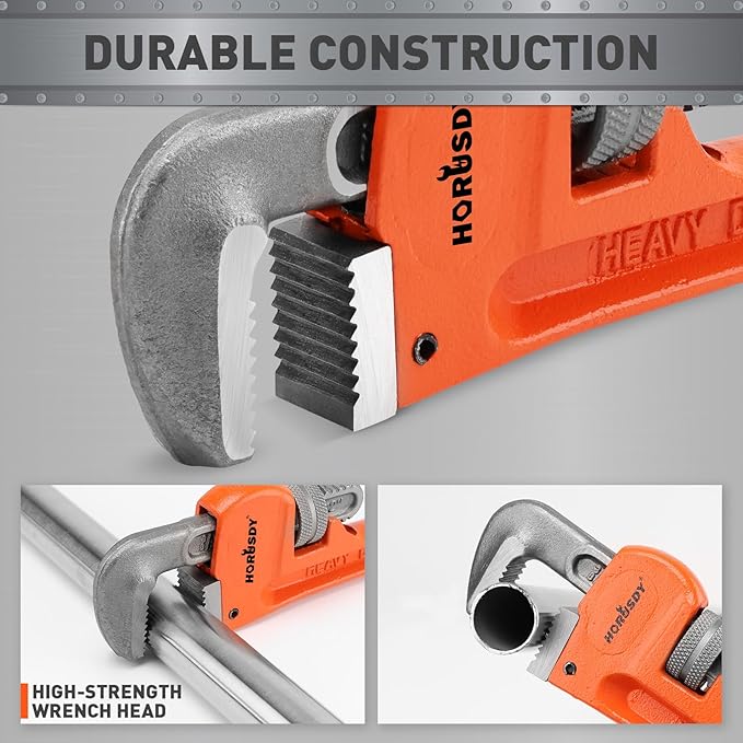 HORUSDY 8-Inch Heavy Duty Straight Pipe Wrench, Quick-Adjust Sturdy Plumbers Wrench with Soft Grip Handle, Straight Jaw Plumbing Tool for Pipe, Household Use, Vehicle Repair