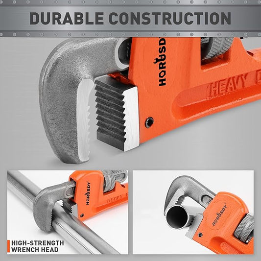 HORUSDY 8-Inch Heavy Duty Straight Pipe Wrench, Quick-Adjust Sturdy Plumbers Wrench with Soft Grip Handle, Straight Jaw Plumbing Tool for Pipe, Household Use, Vehicle Repair
