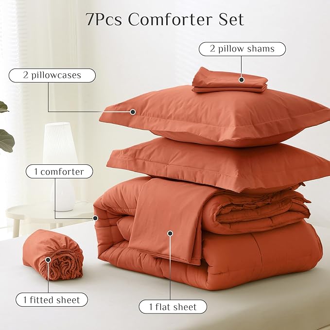 JOLLYVOGUE Queen Comforter Set, Ultra-Soft Queen Size Comforter Sets, 7-Piece Bed in a Bag, Goose Down Alternative, Oeko-TEX Certified, Sheets  Pillowcases, Burnt Orange