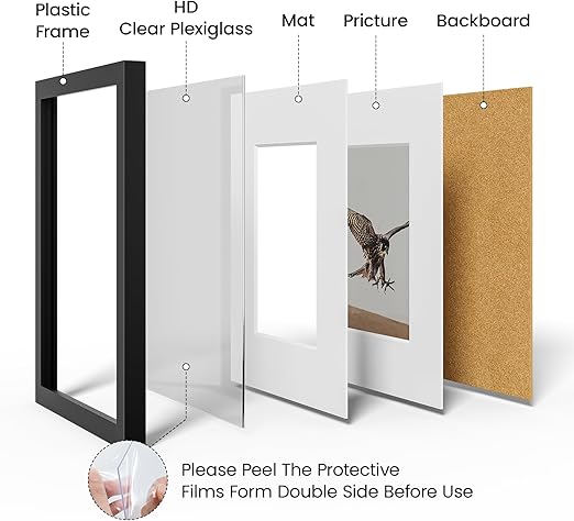 8x10 Picture Frames with Mat to Display 5x7 Picture Set of 5,Plastic Black Photo Frame for Poster,Diploma,Certificate and Document with Tabletop and Wall Decor