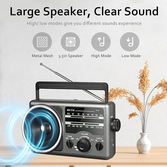 4X Portable AMFM Radio - Battery Operated (4 D Cell Batteries or AC Power) with Big Speaker, Standard Earphone Jack, HighLow Tone Mode, Large Knob