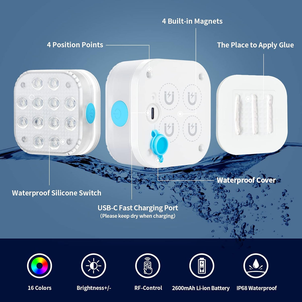 REFURBISHED- LIGHT ONLY- Rechargeable Submersible Pool Lights, Waterproof Underwater Smart LED Lights Controlled Multiple Lighting Modes, 4000mAh Magnets Lights for Multi Scene Pool Decoration (light only - 1 pack)