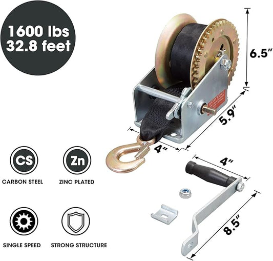 BIG RED ATRT1161SR Torin 1600lbs Capacity Heavy Duty Steel Cable Manual Hand Crank Winch with 32.8ft Nylon Strap and Two-Way Ratchet, for Boats, Trailers, Trucks, ATVs
