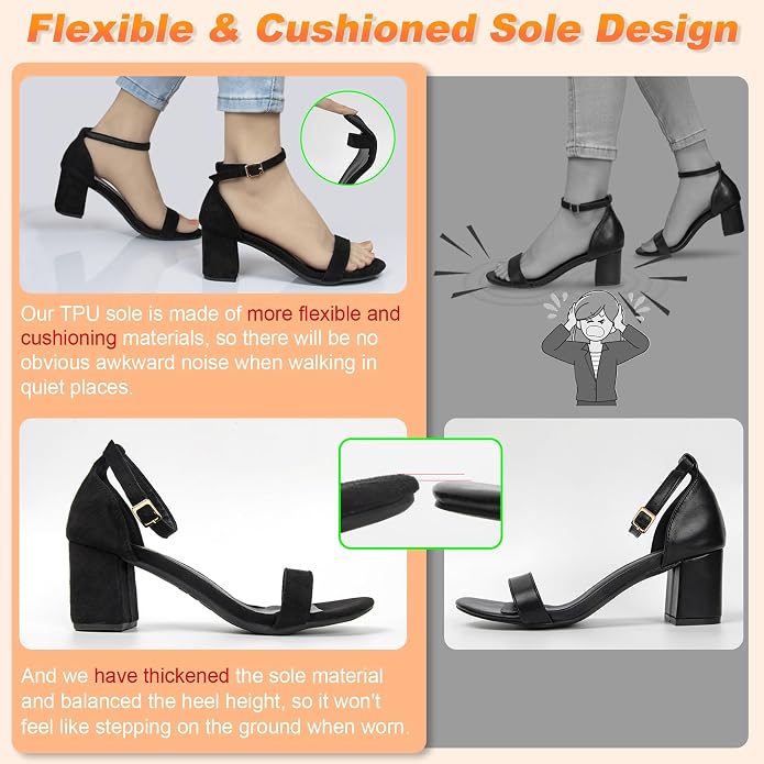 qibusleen Women's Two Strap Heeled Sandals Black Suede Ankle Strappy Dress Heels for Women Open Toe 2 Inch Low Block Noiseless Heel Summer Wedding Party Work Sandal Shoes