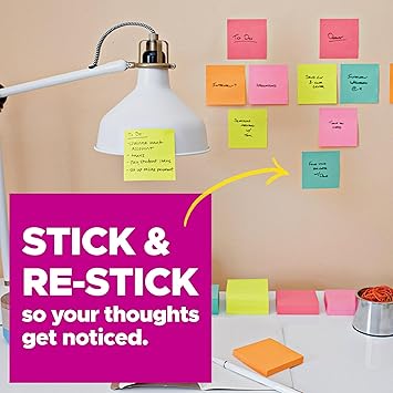 Post-it Super Sticky Notes, 3x3 in, 24 Pads, 2X The Sticking Power, Supernova Neons, Bright Colors, Recyclable(654-24SSMIA-CP)