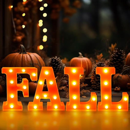Fall Decorations for Home-4 LED Marquee Light Up Letters Sign "FALL" Thanksgiving Orange Letter Lights for Home Indoor Fireplace Party Autumn Harvest Tabletop Wall Decorations