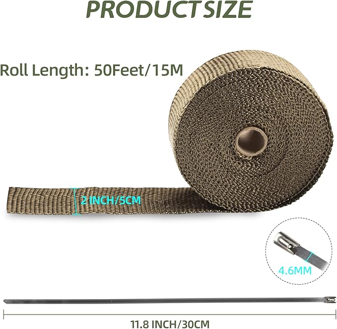 Titanium Exhaust Heat Tape Wrap, 2Aux 50 Ft, Motorcycle Fiberglass Heat Shield Tape With Stainless Ties