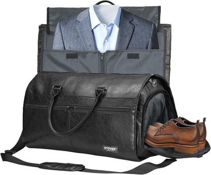 Garment Travel Duffle Bag, Large 2-in-1 Convertible Carry-on Luggage for Men & Women- Hanging Suits, Dresses & Clothes + Shoe Compartment- Weekender Tote Combo Duffel (Black Leatherette)
