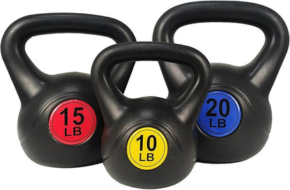 Wide Grip Kettlebell Exercise Fitness Weight Set, 3-Pieces: 10lb, 15lb and 20lb Kettlebells