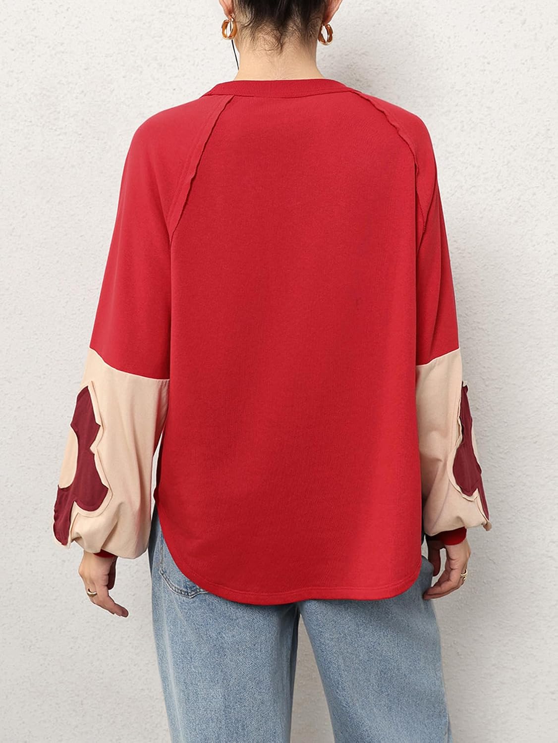 BEAUDRM Women's Oversized Sweatshirt Boho Tops Patchwork Crewneck Sweatshirt Floral Long Sleeve Pullover Tops