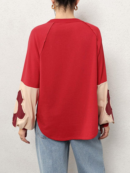 BEAUDRM Women's Oversized Sweatshirt Boho Tops Patchwork Crewneck Sweatshirt Floral Long Sleeve Pullover Tops