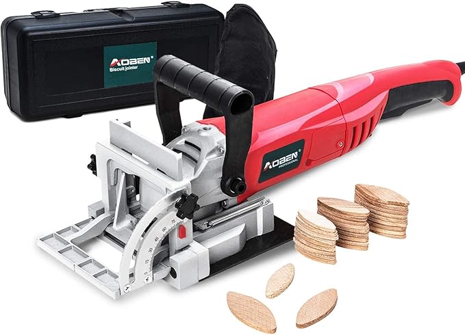 AOBEN Biscuit Cutter Plate Joiner 8.5 Amp With No. 0 Wood(30 Pcs) No. 10 Wood(30 Pcs) No. 20 Wood(50 Pcs), 4" Tungsten Carbide Tipped Blade, Adjustable Angle And Dust Bag
