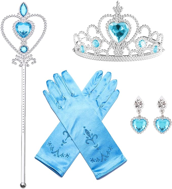 4Pcs Princess Dress Up Accessories, Elsa Dress Up Party Accessories Set for Princess Costume Elsa Crown Wand for Girls