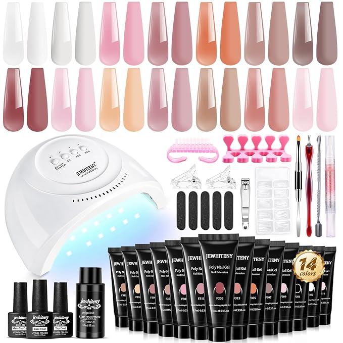 JEWHITENY Poly Extension Gel Nail Kit 14 PCS Poly Gel Kit with Slip Solution and Mini Lamp Nail Art Design Beginner