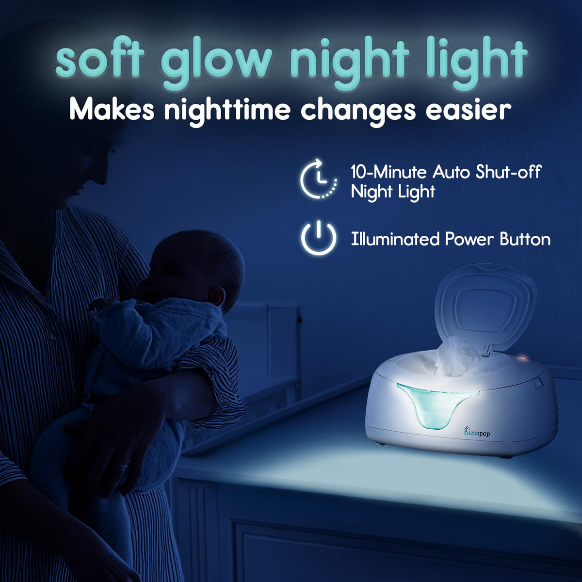 Wipe warmer keeps wipes at perfect temp, prevents drying, built-in changing light for late night diaper changes.