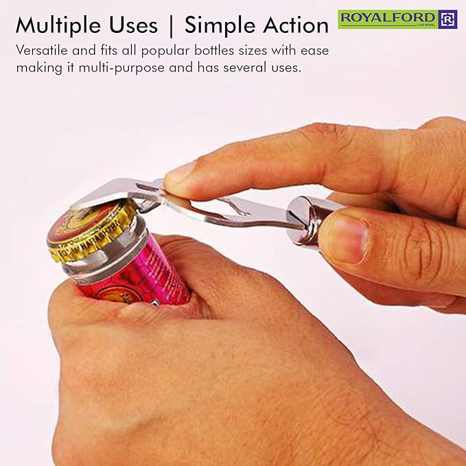 Stainless Steel Bottle Opener  Opener with forked Church Key and Crown Cork  Ideal for opening Bottles and Piercing Cans  Ergonomically Designed Handle with Hanging Loop  Stylish Design