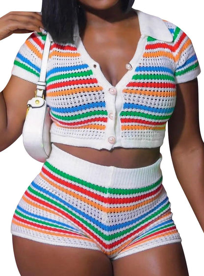 Benfoly Women 2 Piece Outfits Knit Matching Set Rainbow Striped Crop Top High Waist Shorts Summer Vacation Festival Boho Set