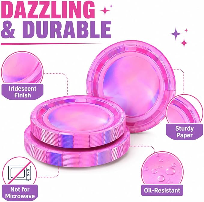 40PCS Hot Pink Birthday Plates, Holographic Iridescent Pink Party Plates Includes 20-9" & 20-7" Dinner Tableware for Birthday Disco Wedding Kpop Party