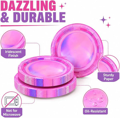 40PCS Hot Pink Birthday Plates, Holographic Iridescent Pink Party Plates Includes 20-9" & 20-7" Dinner Tableware for Birthday Disco Wedding Kpop Party