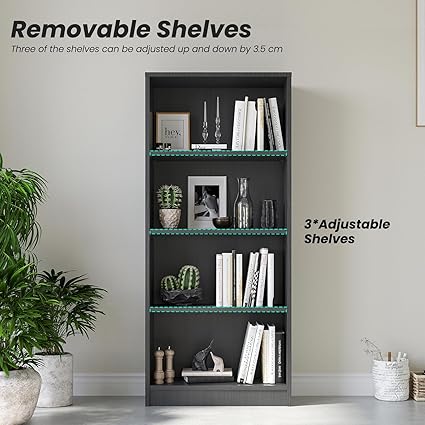STARY Bookcase Freestanding 4 Shelf Wood Bookshelf Adjustable Shelves for Home Office,4 Layer, Grey