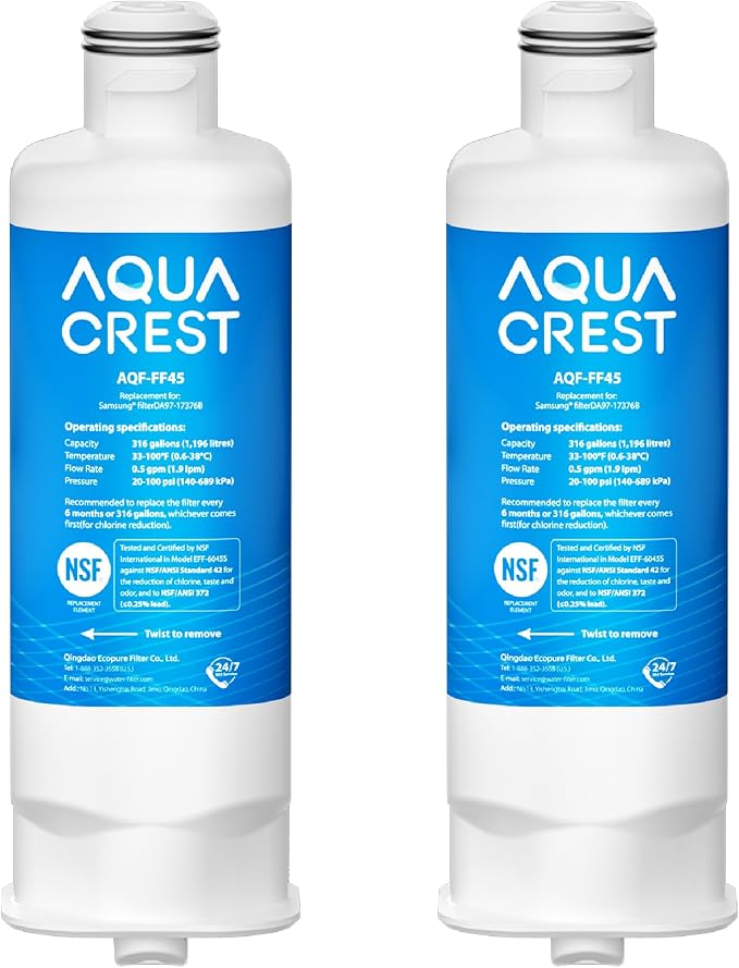 AQUA CREST DA97-17376B Replacement for Samsung® DA97-08006C, HAF-QIN/EXP, RS27T5200SR, RF28T5001SR, RF24R7201SR, RF28R6201SR, AQF-FF45, Refrigerator Water Filter, 2 Pack