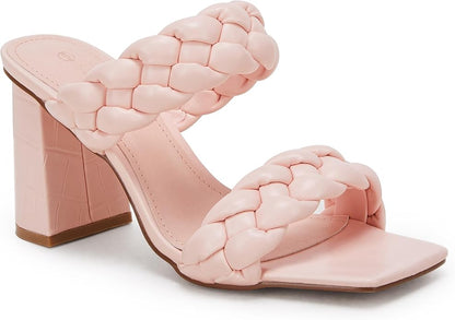 Syktkmx Women's Braided Heeled Sandals Backless Square Open Toe Block Slide Sandals