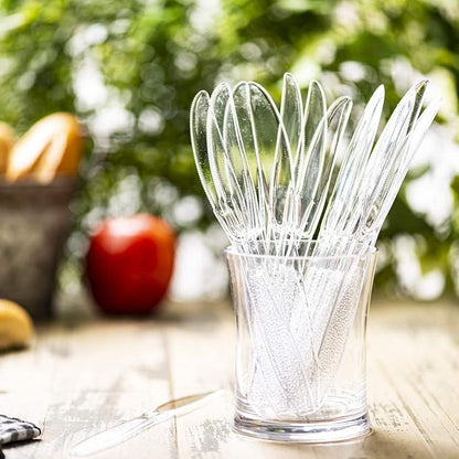 Comfy Package 300 Pack Clear Plastic Knives Heavy Duty with Engraved Design - Plastic Knives Disposable, Sturdy Plastic Silverware for Parties, Weddings, and Events