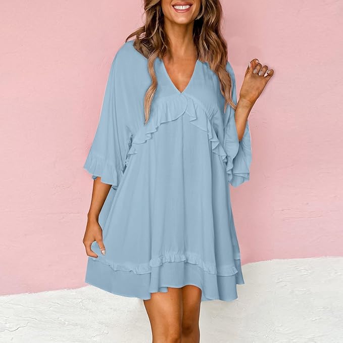 Womens 2024 Summer V-Neck Ruffle Loose Short Sleeve Mini Dress A Line Swing Mini Beach Vacation Sundress
