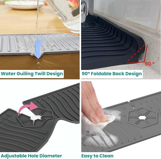Kitchen Sink Splash Guard,Sink Protectors for Kitchen Sink,Sink Mat,Sponge Holder,Silicone Faucet Handle Drip Catcher Tray for Kitchen Bathroom Sink Accessories(Black,13.7Aux 5.8Au)