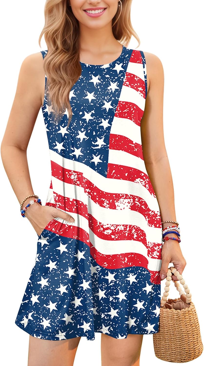 Spadehill Women's 4th of July Patriotic Dress American Flag Star Stripes Sleeveless Tank Sundress